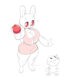 ! albino animal_crossing apple_(fruit) bottomless bulumble-bee female freckles fruit fur huge_breasts human larger_female male nintendo rabbit ruby_(animal_crossing) size_difference smaller_male thick_thighs tight_clothing video_games villager_(animal_crossing) wide_hips