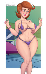 1girls areola_slip areolae big_breasts bikini bracelet brown_hair canonical_scene clothed earrings exposed_nipples fingernails green_eyes hourglass_figure light-skinned_female light_skin long_hair looking_down micro_bikini milf mother nail_polish navel nickelodeon pink_nails purple_bikini rocner smile smiling straight_hair swimsuit the_fairly_oddparents thick_thighs thong_bikini timmy's_mom wide_hips