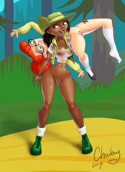 2girls boots chocolate_and_vanilla chouboy dark-skinned_female dark_skin glasses green_eyes implied_cunnilingus jasmine_(tdi) kneehigh_socks multiple_girls navel over_shoulder pale-skinned_female pale_skin picked_up pussy pussy_juice pussy_juice_string red_hair scarlett_(tdi) see-through_top size_difference total_drama:_pahkitew_island total_drama_island wet_pussy yuri