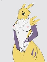 anthro armwear bandai_namco biped black_sclera blue_eyes breasts chest_tuft clothing digimon digimon_(species) elbow_gloves female finger_fuck fingering fur genitals gloves handwear hi_res masturbation navel nipples nude pussy renamon simple_background solo standing thelordp_chan tuft vaginal_masturbation vaginal_penetration white_background white_body white_fur yellow_body yellow_fur