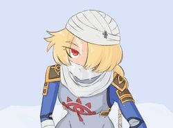 1boy 1girls ambiguous_gender animated artist_request blonde_hair clothing cum cum_on_face expressionless eye_contact female female_focus hair_covering_eye hair_over_one_eye handjob hyrule_warriors implied_handjob looking_at_viewer male mask masked sheik sheikah sheikah_clothes solo_focus the_legend_of_zelda unseen_character unseen_male_face