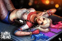 1girls batman_(series) belly belly_button belly_shirt blonde_hair choker dc dc_comics dc_extended_universe dcamu female female_only fishnets harley_quinn liang_xing rain shorts solo suicide_squad tight_clothing wet