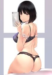 1girls ass back bangs black_bra black_hair black_panties blush bra breasts brown_eyes cellphone female highres large_breasts lingerie looking_at_viewer looking_back nail_polish original panties partially_clothed phone rear_view self_shot selfie short_hair sitting solo thong underwear wa_(genryusui)