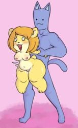 anal big_dom_small_sub blue_fur blush canine catboy dog_girl feline razzy shortstack simple_background stomach_bulge yellow_fur