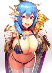 1girls armor blue_hair bra braid breasts cleavage elf female gloves holding huge_breasts leaning_forward looking_at_viewer medium_hair ogino_(oginogino) open_mouth original panties pointy_ears purple_eyes smile solo sword thighhighs underwear weapon