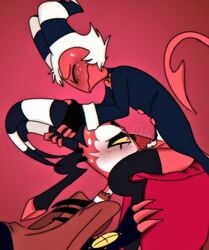 2boys between_legs blitzo_(helluva_boss) blowjob blush bottomless closed_eyes clothed demon fellatio forced_oral gay grabbing_horns hands_on_horns helluva_boss imp jacket kkcq20yk0db5mak looking_pleasured male male/male male_only moxxie_(helluva_boss) penis pubic_hair red_skin sweat thighhighs thighs white_hair yaoi yellow_sclera