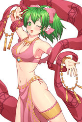 belly_dancer belly_dancer_outfit breasts cleavage dancer dancing earrings female fire_emblem fire_emblem:_genealogy_of_the_holy_war green_eyes green_hair high_resolution jewelry lene_(fire_emblem) long_hair medium_breasts midriff navel nintendo oathcradle one_eye_closed open_mouth pelvic_curtain ponytail rere_(yusuke) simple_background smile solo tied_hair white_background wink