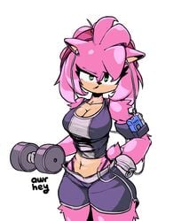 alternate_costume amy_rose armband athletic athletic_female awr_hey big_breasts big_thighs breasts earbuds exercise exercising furry furry_only gym gym_shorts hedgehog hips huge_thighs muscular muscular_female pumping solo sonic_(series) tank_top thighs tomboy walkman weights working_out