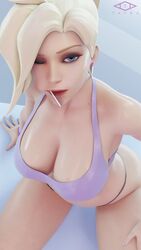 1girls 3d blonde_hair blue_eyes breasts cleavage earrings eyeshadow female female_only large_breasts lollipop looking_at_viewer mercy one_eye_closed overwatch ponytail solo tayra wet_skin