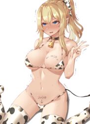 1girls 2021 bell bell_collar belly bikini bikini_bottom bikini_top black_collar blonde_hair blue_eyes blush body_writing breasts clyde_s collar cow_print cow_print_bikini cow_print_legwear cow_tail cowbell eyebrows eyelashes female female_focus female_only genshin_impact jean_gunnhildr micro_bikini navel peace_sign ponytail simple_background solo solo_female solo_focus sweatdrop trembling v v_sign wariza white_background