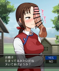 bar_censor blue_sky blush bow censored closed_mouth commentary_request copyright_request day disembodied_penis dress fake_screenshot female gameplay_mechanics hairbow highres holly_(monster_farm) japanese_text long_sleeves low_ponytail monster_rancher noumiso outdoors penis penis_on_face ponytail red_bow red_dress shirt sky smile sweat text white_shirt