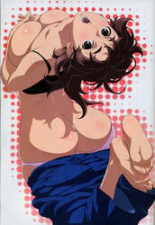 ass barefoot bleed_through blush breast_hold breasts brown_eyes brown_hair cleavage curvy curvy_body curvy_female curvy_figure feet feet_up female high_resolution large_breasts long_hair masane_amaha pants_down pantsu panty_pull scan scanning_artifacts short_hair soles toes topless_female underwear undressing uno_makoto very_high_resolution witchblade