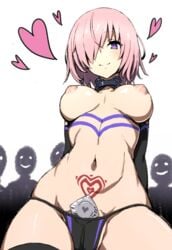 blush breasts choker condom crowd fate/grand_order fate_(series) female fuchi_(touo) heart mash_kyrielight panties pink_hair pubic_tattoo purple_eyes smile solo standing tattoo