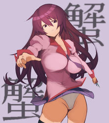 absurdres ass black_legwear blush breasts female from_behind highres long_hair looking_at_viewer looking_back medium_breasts monogatari_(series) pink_eyes purple_hair sand senjougahara_hitagi shin_deadball_iwata shiny shiny_hair shiny_skin shirt short_shorts shorts sleeveless sleeveless_shirt solo sportswear standing sweat thighhighs twintails uniform volleyball