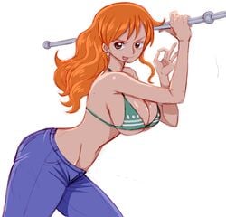 1girls :p big_breasts bikini breasts cleavage female female_only jeans large_breasts long_hair nami one_piece orange_hair simmsy solo striped_bikini