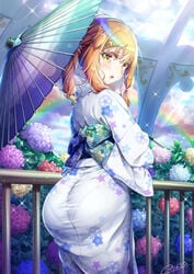 1boy 2021 :o artist_name ass big_ass blonde_hair blue_kimono bow clothing crossdressing eyebrows_visible_through_hair femboy flora_fauna flower hair_between_eyes hair_ornament hairclip highres holding_umbrella indoors kimono looking_at_viewer looking_back male male_only natsusora_wakana nobady open_mouth original pantylines plant rainbow ribbon signature solo standing star star_hair_ornament tied_hair tongue trap umbrella yellow_eyes yukata