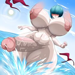 1futa areolae ass_expansion big_ass bikini blue_hair breast_expansion breasts frown futa_only futa_sans_balls futanari hair_over_eyes hip_expansion huge_breasts huge_cock huge_hips human large_breasts large_hips large_nipples light-skinned_futanari light_skin nude okioppai pale_skin penis sachi_(red_brachy) solo solo_futa standing thick_thighs wardrobe_malfunction water wide_hips