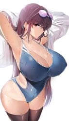 bangs black_legwear blue_swimsuit bracelet breasts covered_navel curvy damda eyebrows_visible_through_hair eyewear_on_head fate/grand_order fate_(series) female jewelry large_breasts long_hair looking_at_viewer one-piece_swimsuit plump red_eyes scathach_(fate) scathach_(fate)_(all) simple_background solo sunglasses swimsuit thick_hips thick_thighs thighhighs thighs wet wet_hair white_background