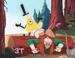 1boy 1girls ass ass_up axe bent_over bill_cipher black_arms black_legs blue_striped_panties blush buttjob defeated dialogue disney disney_channel disney_xd erection female flannel forced forest forest_background front_view ginger ginger_hair glowing_skin grass gravity_falls green_eyes hat huge_cock imminent_anal imminent_rape imminent_sex laugh laughing log mushrooms no_pants open_mouth orange_hair overshirt panties parody penis penis_on_ass rape restrained scared shimapan shocked straight_hair striped_panties suprised surprised text threetwigs top_hat tree trees underwear wendy_corduroy yellow_penis yellow_skin