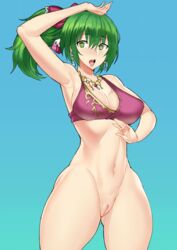 1girls bare_legs bare_shoulders barely_clothed bottomless breasts cleavage clothing embarrassed female_only fire_emblem fire_emblem:_genealogy_of_the_holy_war green_eyes green_hair half_naked highres large_breasts lene_(fire_emblem) madkaiser nintendo no_bra no_panties no_underwear revealing_clothes solo solo_female standing