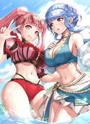 2girls absurdres alternate_costume arm_up asymmetrical_docking bangs bikini black_swimsuit blue_bikini blue_hair blue_swimsuit blunt_bangs blush braid breast_press breasts cloud commentary_request crown_braid eyewear_on_head fire_emblem fire_emblem:_three_houses fire_emblem_heroes frilled_bikini frills gold_trim gonzarez hand_on_another's_hip hand_on_own_chest highres hilda_valentine_goneril hilda_valentine_goneril_(summer) long_hair looking_at_viewer looking_away marianne_von_edmund marianne_von_edmund_(summer) multiple_girls nintendo open_mouth pink_bikini pink_eyes pink_hair pink_swimsuit shawl sidelocks sky smile sunglasses swimsuit teeth thighs twintails v w wading water