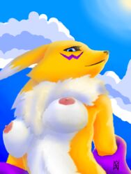 3:4 animal_humanoid anthro armor bandai_namco breasts canid canid_humanoid canine canine_humanoid clothing digimon digimon_(species) female fox_humanoid gauntlets gloves handwear humanoid looking_at_viewer looking_down mammal mammal_humanoid nahadon nude renamon smile smirk solo