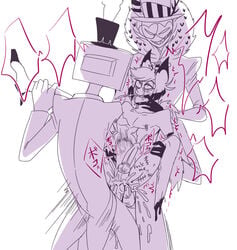 3boys after_fight alastor_(hazbin_hotel) anal anal_sex artist_request ass balls blush bondage clothed cum cum_in_ass cum_inside cum_leaking cum_splatter cumming deer demon double_penetration dubious_consent ejaculation erect_penis erection finger_in_mouth fucked_senseless fucked_silly gay hand_on_leg hazbin_hotel looking_down looking_pleasured looking_up male male/male male_only missing_arm monochrome naked nipples nude orgasm penis saliva sharp_teeth smile smiling smooth_skin standing text_on_body thighs thrusting tv valentino_(hazbin_hotel) vox_(hazbin_hotel) white_background yaoi