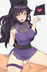 1boy 1girls ahe_gao black_hair blake_belladonna bow cat_pose catgirl clothed_sex cum cum_in_pussy cum_inside dress faunus heart-shaped_pupils heart_eyes highres lainart looking_pleasured male panties panties_around_leg penis pubic_hair rwby sex straight straight_sex unprotected_sex