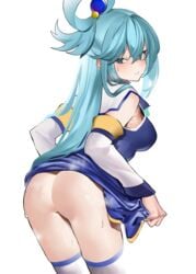 absurdres aqua_(konosuba) ass back bangs blue_eyes blue_hair blue_shirt blush breasts detached_sleeves dress dress_lift female hair_ornament hair_rings highres jikatarou kono_subarashii_sekai_ni_shukufuku_wo! large_breasts long_hair looking_at_viewer looking_back no_panties parted_lips shirt simple_background swept_bangs thighhighs thighs