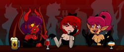 3girls alcohol bar beer bow_on_head demon demon_girl demon_horns demon_tail demon_wings devil_girl devil_horns devil_tail devil_wings fangs horns light-skinned_female martini martini_glass multiple_girls pale-skinned_female pale_skin party pink_hair pointy_ears pub purple_hair red_eyes red_hair red_skin succubus tan-skinned_female tan_skin vampire wine wings xierra099 yellow_eyes