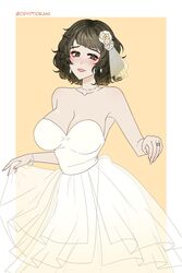 1girls 2021 bare_shoulders black_eyes black_hair bride brown_eyes brown_hair cleavage collarbone commission cryptid_crab eyelashes female large_breasts looking_at_viewer medium_breasts medium_hair megami_tensei pale_skin persona persona_5 ring sadayo_kawakami smile solo solo_female wedding_dress wedding_ring