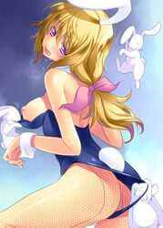 108_gou animal_ears ass blonde_hair blush breasts bunny bunny_ears bunny_girl bunny_tail bunnysuit charlotte_dunois female fishnets hair_ribbon infinite_stratos long_hair nipples open_mouth pointy_chin ponytail purple_eyes ribbon solo sweat tail tear tied_hair wrist_cuffs zoophilia