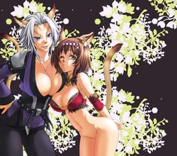 animal_ears bottomless breasts brown_hair cat_ears cleavage final_fantasy final_fantasy_xi huge_breasts large_breasts mithra navel tachibana_chacha tachibana_chata tail white_hair wink