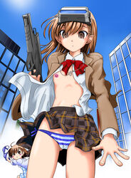 00s 2009 2girls age_difference areolae ass_visible_through_thighs breasts brown_eyes brown_hair brunette flat_chest gluteal_fold last_order matching_hair/eyes misaka_imouto misaka_imouto_10032 multiple_girls nipples older_female outdoors sashio_sae_(omutsu_sniper) school_uniform schoolgirl short_hair teenage_girl teenage_girl_and_younger_girl teenager to_aru_kagaku_no_railgun to_aru_majutsu_no_index tokiwadai_school_uniform young younger_female