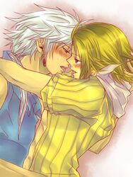 2boys blonde_hair dissidia dissidia_final_fantasy earrings final_fantasy final_fantasy_ii final_fantasy_x firion frioniel gay kissing long_hair lowres male male_only multiple_boys open_clothes silver_hair tidus yaoi yellow_shirt