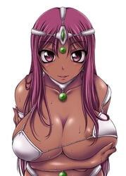 bikini_armor breasts brown_eyes cleavage clothing dark_skin dragon_quest dragon_quest_iv jewelry large_breasts lots_of_jewelry maya_mahabala nipple_slip nipples onizuka_takuto purple_hair sweat