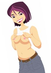 1girls 6teen asian belt breasts clothing female female_only half-closed_eyes medium_breasts naughty_face nikki_wong pants purple_hair randomrandom shirt_lift solo white_background