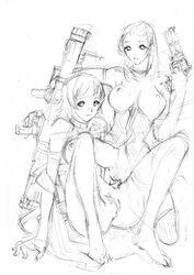 2girls artist_request big_breasts breasts devil_may_cry female female_only lady_(devil_may_cry) large_breasts monochrome multiple_girls nipples pubic_hair pussy trish_(devil_may_cry) vagina weapons