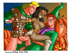 1girls 2boys anal black_hair blonde_hair brown_hair color colored cowgirl_position dark-skinned_female dark_skin diana_the_acrobat double_penetration dungeons_and_dragons dungeons_and_dragons_(cartoon) forgotten_realms glasses hank_the_ranger interracial max_the_elf nipple no_bra outdoors presto_the_magician pumpkin pumpkin_patch sideboob turk128 uncensored vaginal