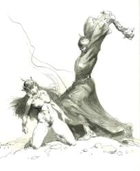 1boy 1girls clothed_male_nude_female club_(weapon) eowyn female frank_frazetta helmet human kneeling long_hair lord_of_the_rings male monochrome nipples nude pubic_hair sketch