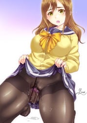 artist_name artist_request breasts brown_eyes brown_hair dildo female kunikida_hanamaru large_breasts long_hair love_live! love_live!_sunshine!! open_mouth pantyhose pussy pussy_juice school_uniform sex_toy signature skirt skirt_lift squatting thighband_pantyhose thighs uranohoshi_school_uniform vibrator