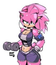 alternate_costume amy_rose armband athletic athletic_female awr_hey big_thighs breasts classic_amy_rose cleavage earbuds exercise exercising female female_only furry furry_only gym gym_shorts hedgehog hips huge_breasts huge_thighs muscular muscular_female pumping solo sonic_(series) tank_top thighs tomboy walkman weights working_out