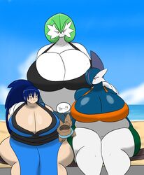 1boy 3girls anthro beach blue_hair blue_skin brown_fur chubby claws closed_eyes clothing dialogue female female_gallade gallade gardevoir gender_bender genderswap green_hair greninja huge_breasts igphhangout long_hair mizu_(igphhangout) multiple_girls oceania_(igph) pink_eyes pokémon_(species) pokemon pokemon_(species) pokemon_dppt pokemon_rse pokemon_xy ponytail red_eyes rule_63 scarf short_hair smile speech_bubble sports_bra text thick_thighs white_skin zigzagoon