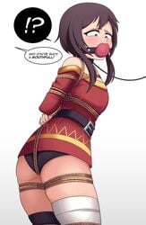 arms_behind_back ball_gag belt bondage bound bound_arms bound_legs brown_hair clothed collar comic crotch_rope daniel_abberton female femsub gag gagged gagging helpless kono_subarashii_sekai_ni_shukufuku_wo! leash megumin panties red_ball_gag red_eyes restrained rope rope_bondage scared speech_bubble text tied_up underwear yunyun_(konosuba)