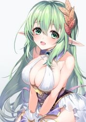 1girls 40_(ofourw) absurdres anastigal_elmar_engel_berglund bangs bare_shoulders bikini blush breasts cleavage commission elf female green_eyes green_hair hair_ornament halterneck highres iris_mysteria! large_breasts long_hair looking_at_viewer open_mouth pointy_ears sitting skirt smile solo