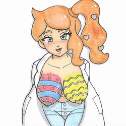 brownpidgeon easter easter_egg heart-shaped_pupils orange_hair painted_breasts pokemon pokemon_ss sonia_(pokemon)