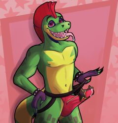 1boy alligator alligatorid animatronic anthro belly_button boner crocodile crocodilian cum erection erection_under_clothes five_nights_at_freddy's five_nights_at_freddy's:_security_breach grabbing_underwear green_body half-closed_eyes helphyx hi_res holding_underwear jockstrap machine male male_only mohawk_(hairstyle) montgomery_gator_(fnaf) multicolored_body muscles muscular muscular_male nipples pink_background precum punk red_eyes red_underwear robot saliva saliva_trail sharp_teeth smile smiling_at_viewer solo spiked_bracelet spikes star_background star_glasses tongue tongue_out underwear video_games