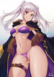 1girls :p achromaru alternate_costume bikini breasts brown_eyes coat eyebrows_visible_through_hair female fire_emblem fire_emblem_awakening fire_emblem_heroes gloves grey_hair highres large_breasts licking_lips looking_at_viewer midriff navel nintendo o-ring o-ring_bikini official_alternate_costume pulling purple_bikini purple_swimsuit robin_(fire_emblem) robin_(fire_emblem)_(female) smile solo solo_female swimsuit tagme thick_thighs thighs thin_waist tongue tongue_out twintails underboob white_hair wide_hips