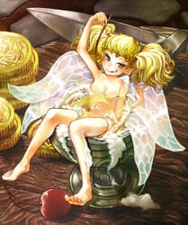 1girls alcohol beer_foam blonde_hair cherry coin coins completely_nude dagger dragon's_crown fairy fairy_wings female_only hyuu_(sing-dog) licking_lips nude partially_submerged solo tiki_(dragon's_crown) twintails wings