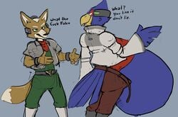 2020 2boys avian belly belt_snapping big_belly blue_fur brown_fur english_text falco_lombardi fox fox_mccloud male male_focus male_only star_fox